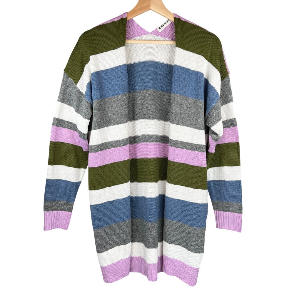 Ecowish‎ Striped Long Line Cardigan Women's S Oversized Open Front Green Purple